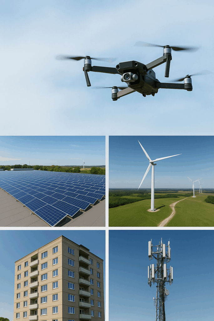 Dronepics av TmU AB inspektion utav solceller, vindkraft, luftburna ledningar, mobilmaster och fastigheter. Marknadsföring Med drönare